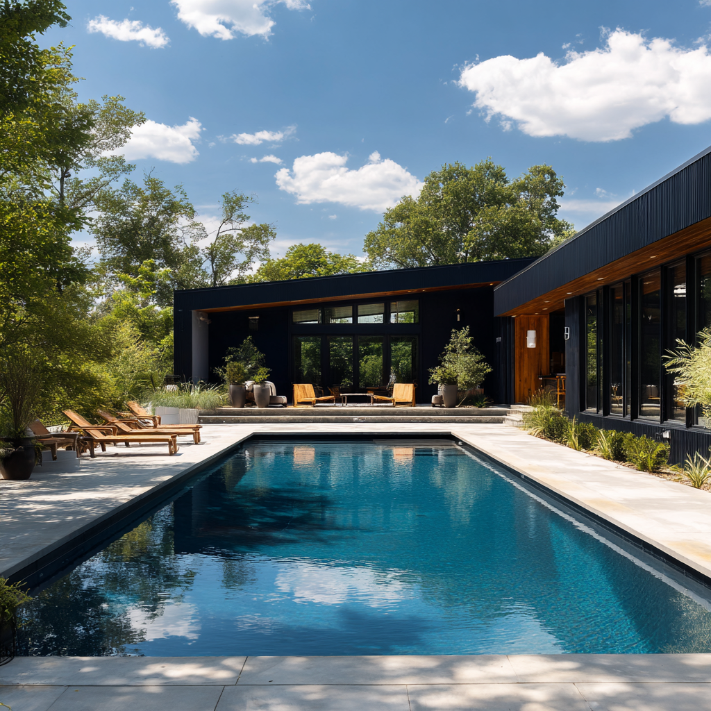 Black modern home with pool
