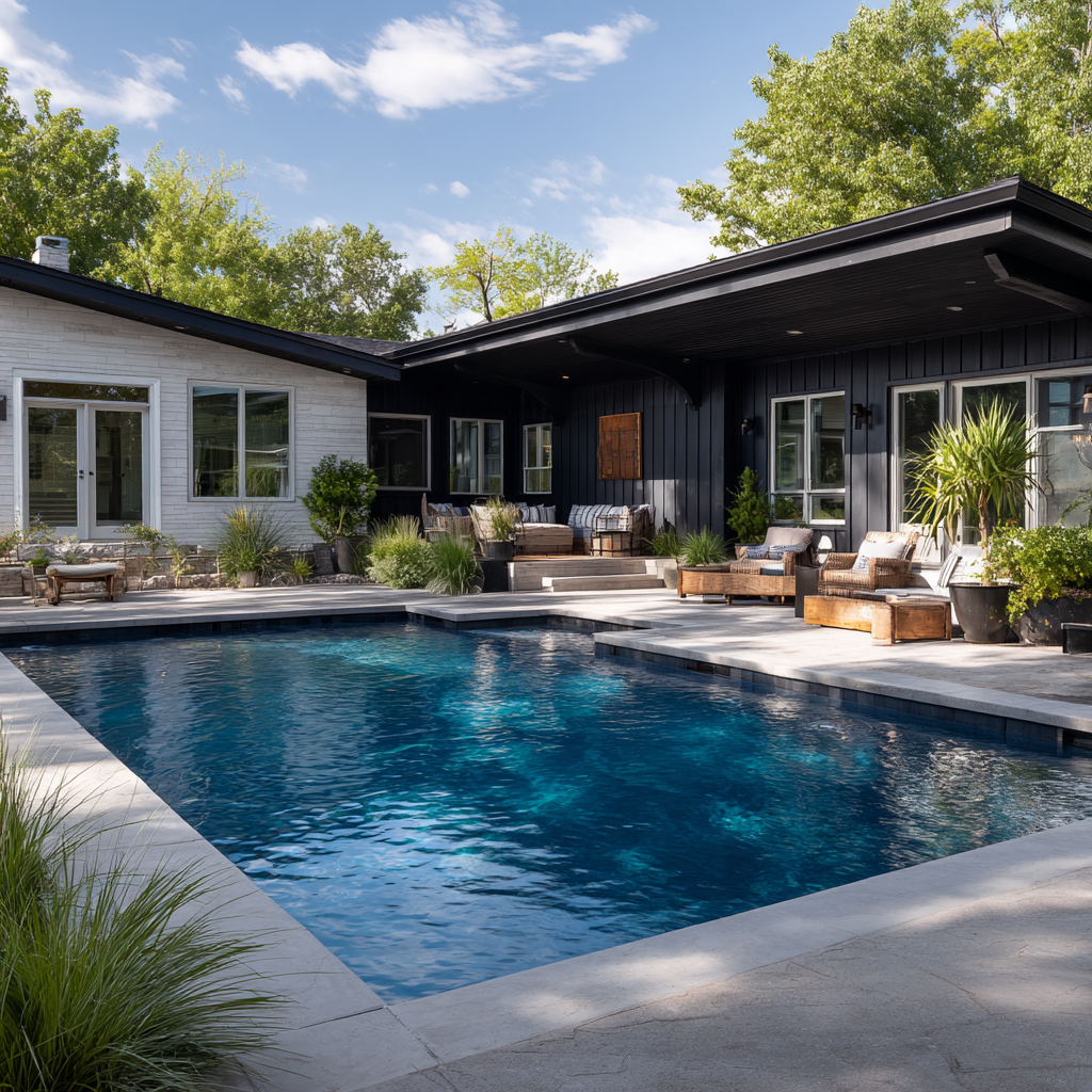 Dark navy modern home with pool